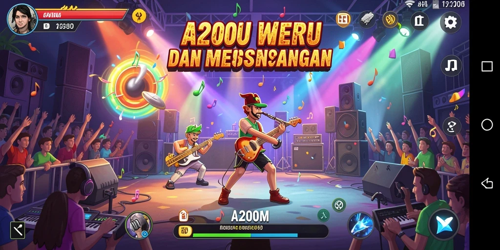 Screenshot utama A200M menampilkan gameplay seru dengan banyak pilihan lagu.