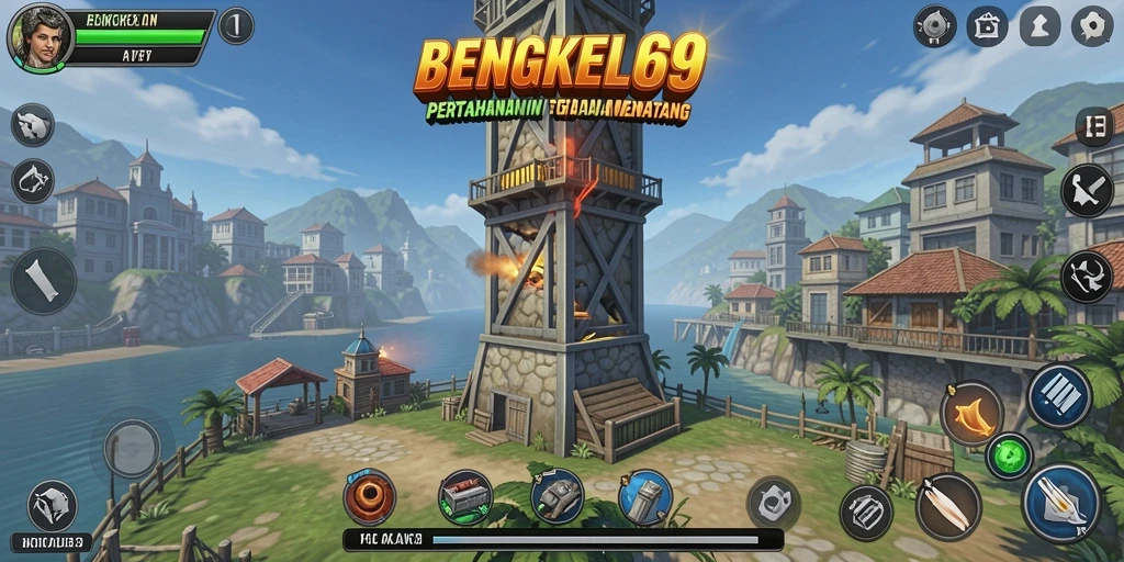 Screenshot gameplay BENGKEL69 menampilkan aksi pertahanan menara yang mendebarkan.