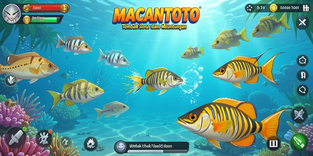 Tampilan aksi menembak ikan di game MACANTOTO yang seru.