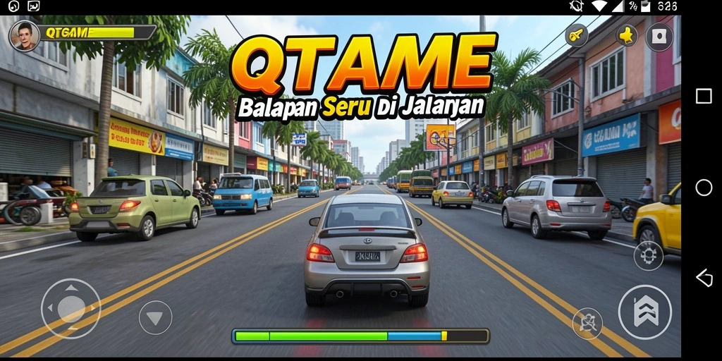 Tangkapan layar QTGAME menunjukkan balapan seru di lintasan yang menantang.