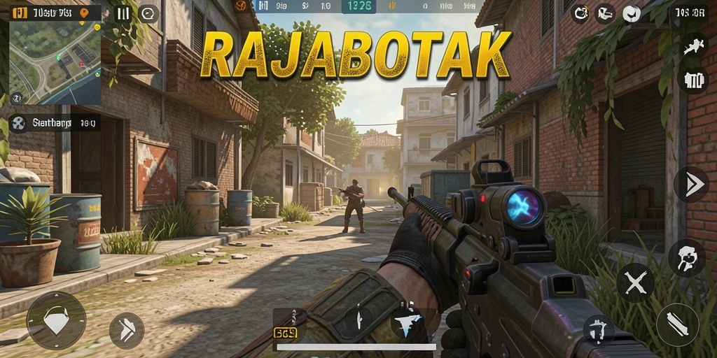 Tangkapan layar gameplay RAJABOTAK dengan aksi tembak-menembak yang seru.