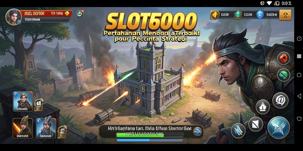 Tampilan gameplay SLOT6000 yang menarik dengan menara pertahanan dan musuh yang menyerang.