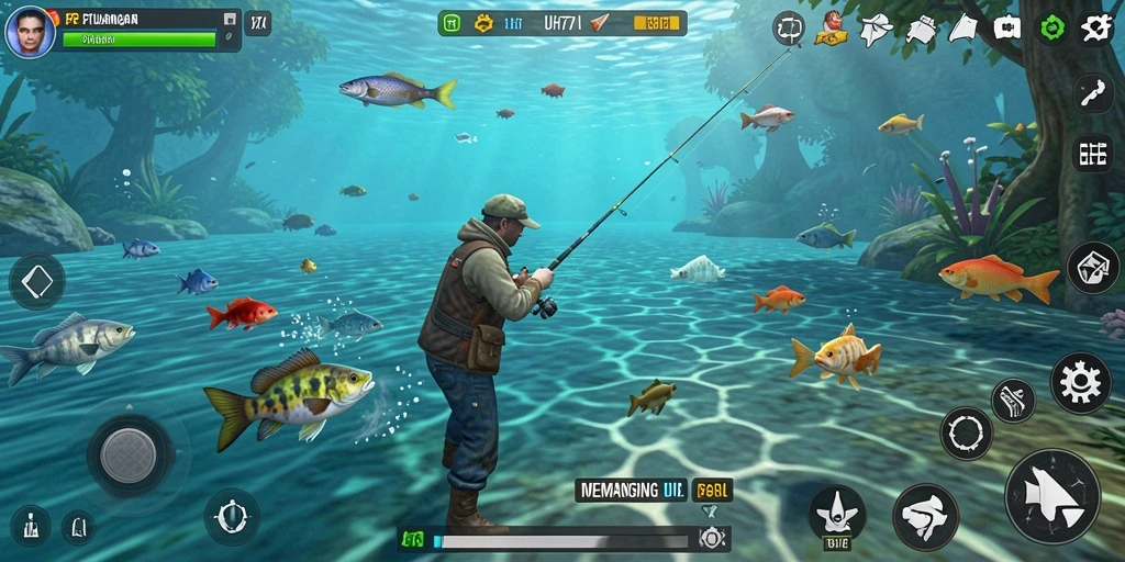 Screenshot gameplay UH77 menampilkan aksi memancing yang seru dan lingkungan menakjubkan.